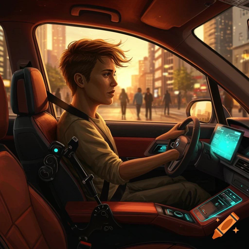 A person with a prosthetic device on their left side driving a modern car with glowing blue screens in a city at sunset.