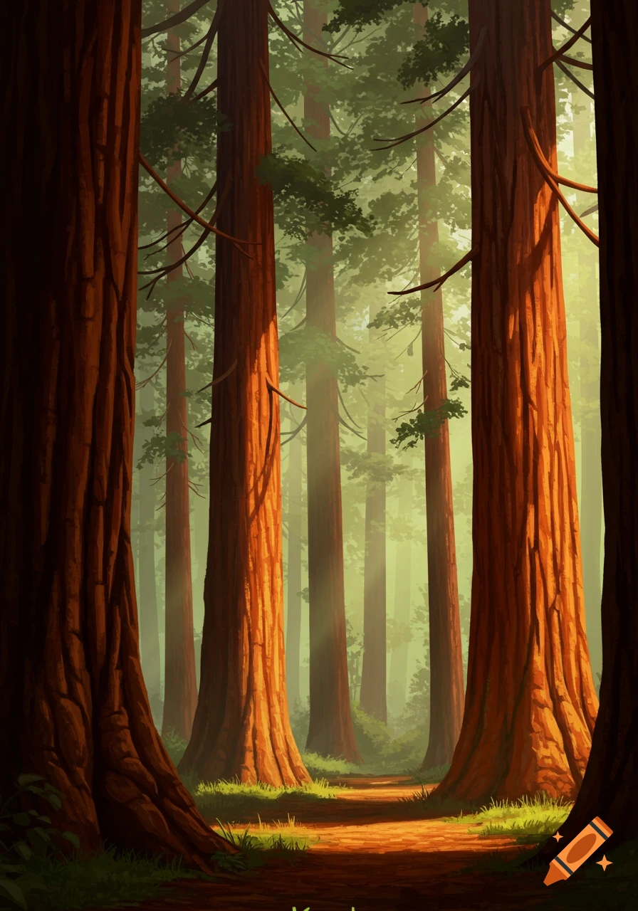 Stylized illustration of a redwood forest with sunlight filtering through tall trees onto a winding path.