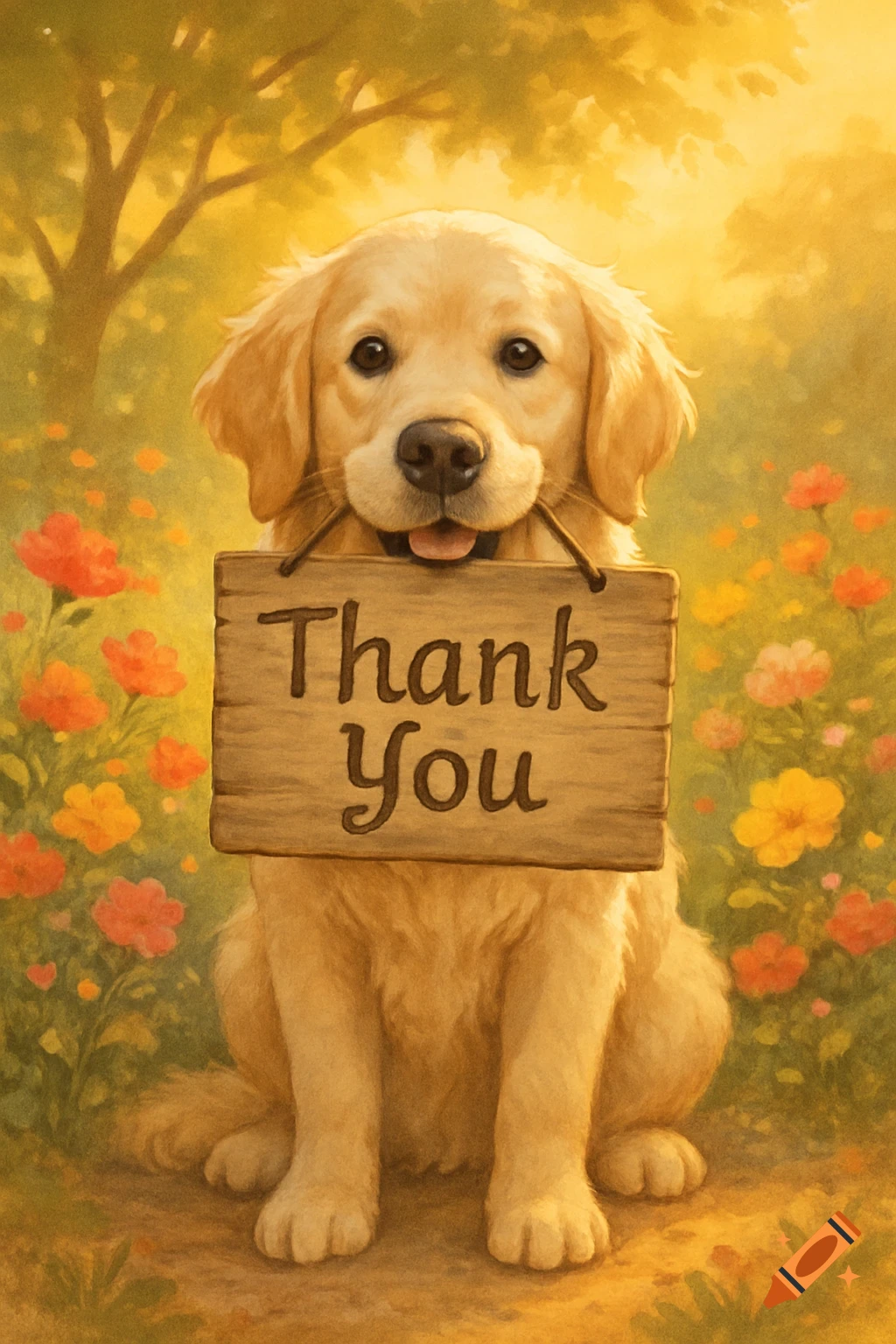 A cute golden retriever puppy sits in a field of colorful flowers, holding a wooden sign that reads "Thank You" in a painterly style.