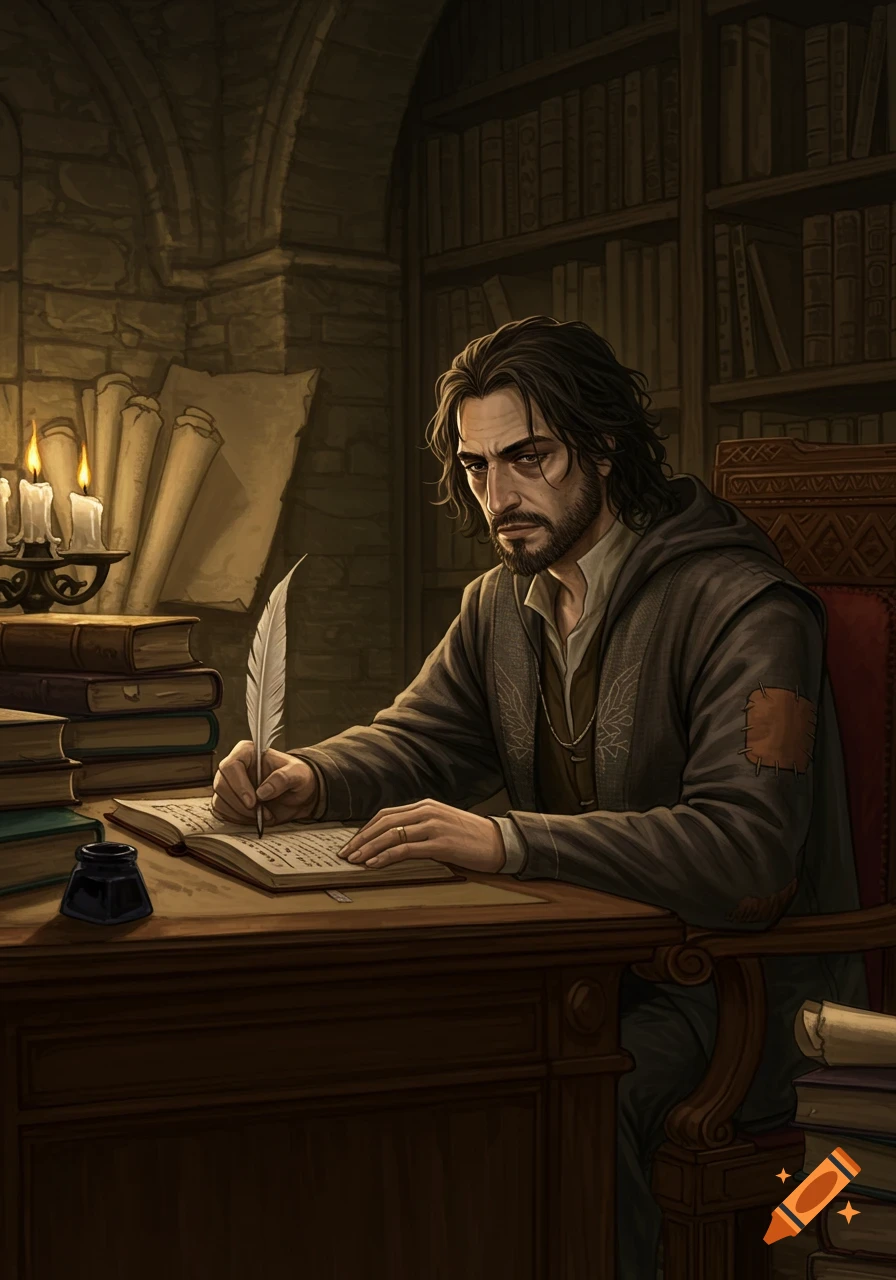 A tired-looking male scholar with dark hair and a beard writes with a quill in a large book at a wooden desk, lit by candlelight in a stone study with bookshelves.