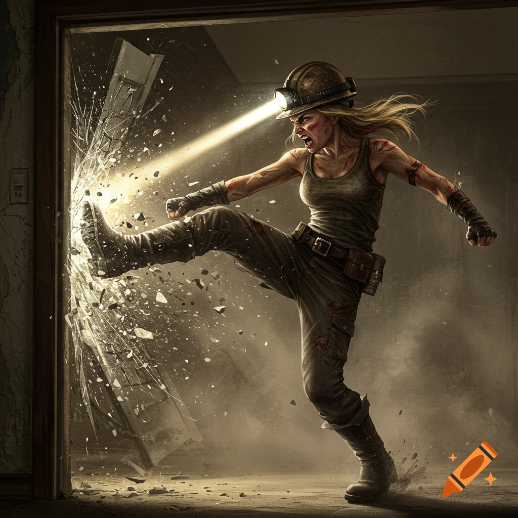 Blond woman in a miner's helmet with a headlamp, covered in dirt and blood, powerfully kicks through a wooden door, sending splinters flying.