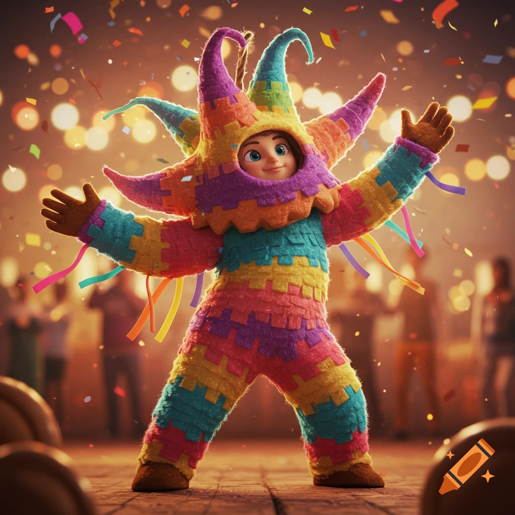 A cheerful character in a vibrant, colorful pinata costume stands with arms outstretched amidst falling confetti at a festive event.