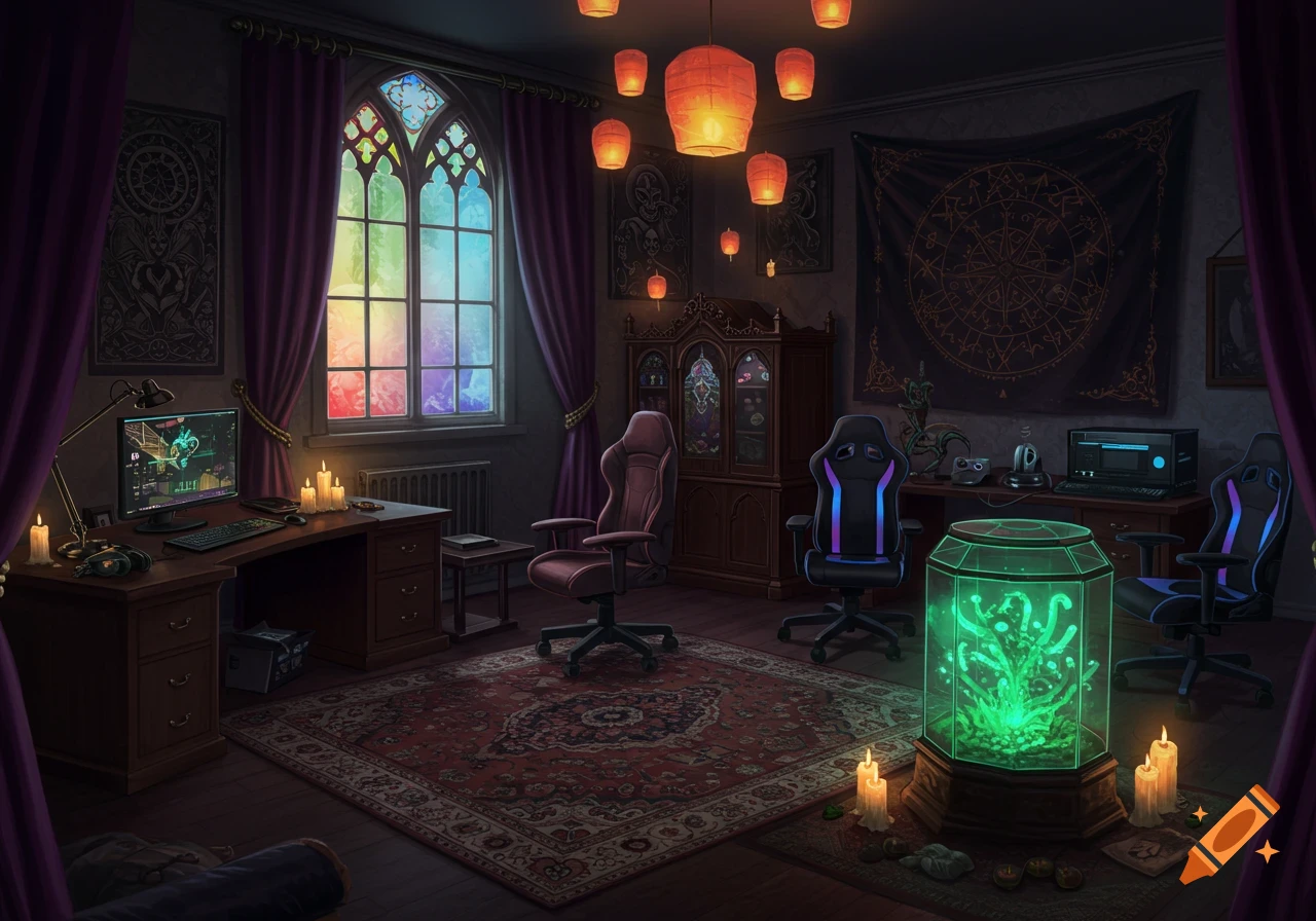 A gothic gamer room with a rainbow stained glass window, two gaming chairs, a computer desk, and a glowing green tank with candles.