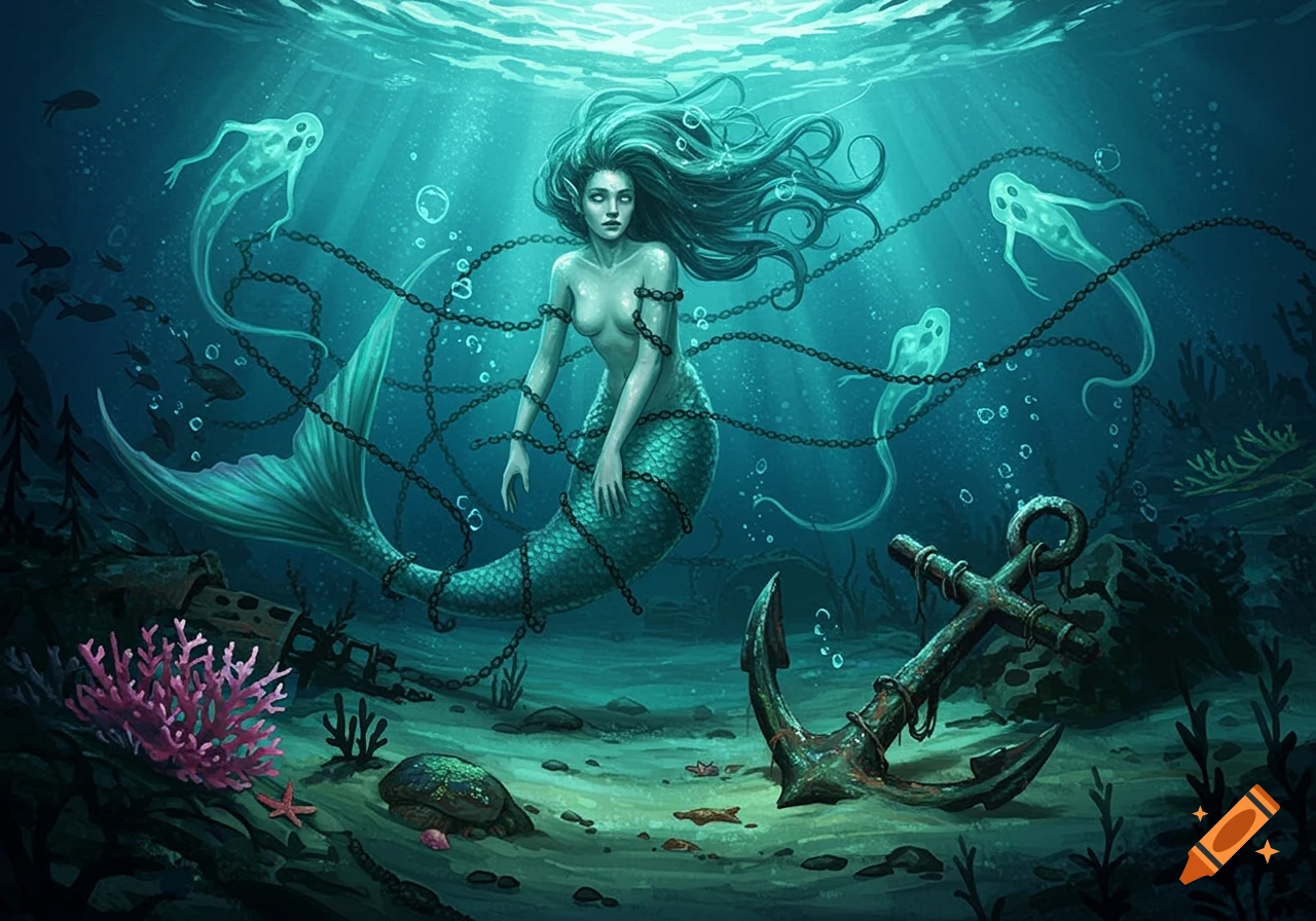 An ethereal mermaid chained underwater with ghostly figures, an anchor, and coral in a fantasy illustration style.