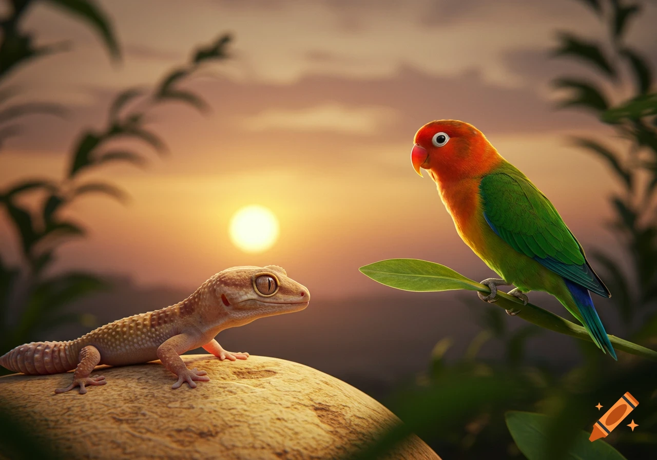 A photorealistic image of a small gecko on a rock gazing at a colorful lovebird perched on a leafy branch against a soft sunset background.
