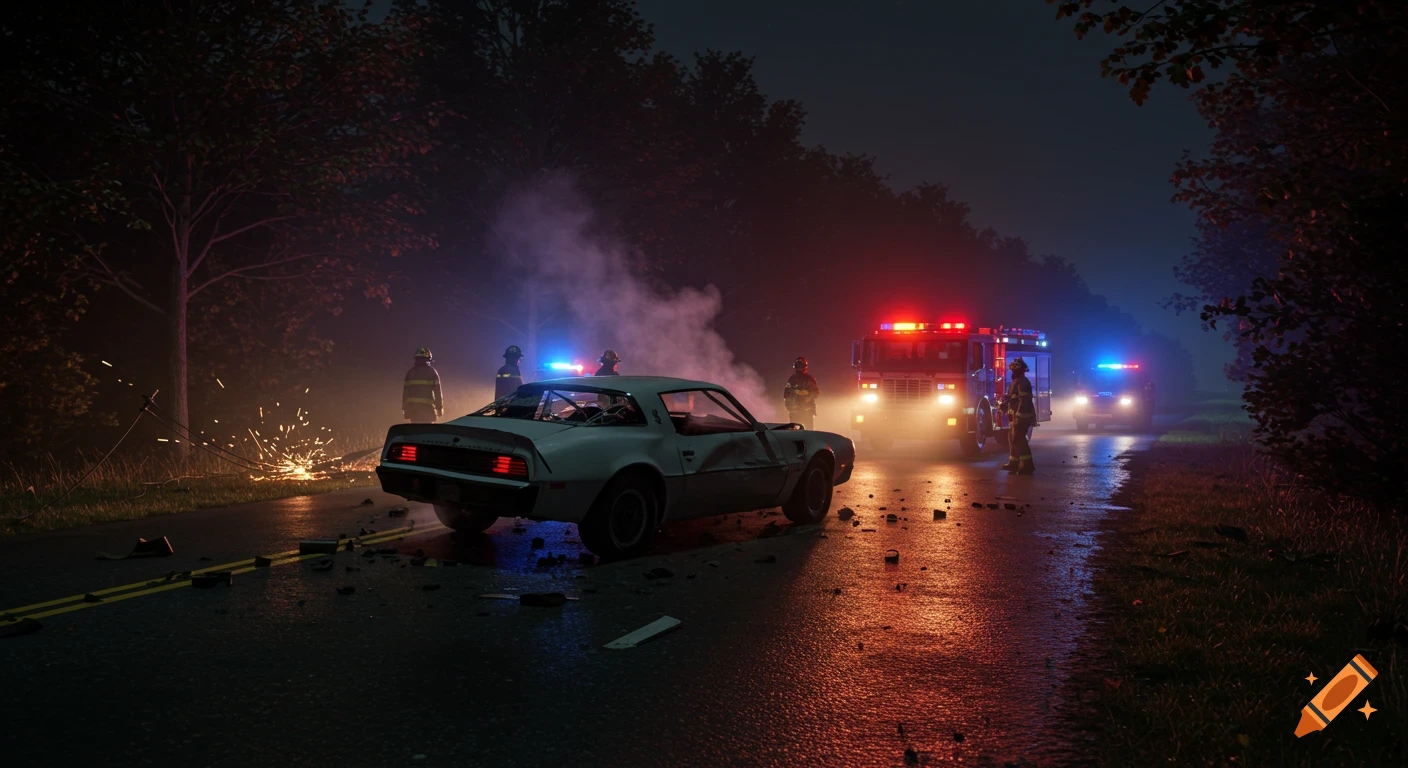 A photorealistic night scene of a car crash on a country road with a wrecked white car, firefighters, and emergency vehicles with flashing lights.