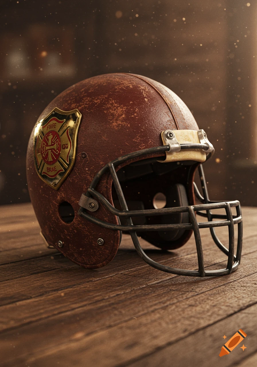 An old, worn brown leather football helmet with a golden firefighter shield on the side, resting on a wooden surface.