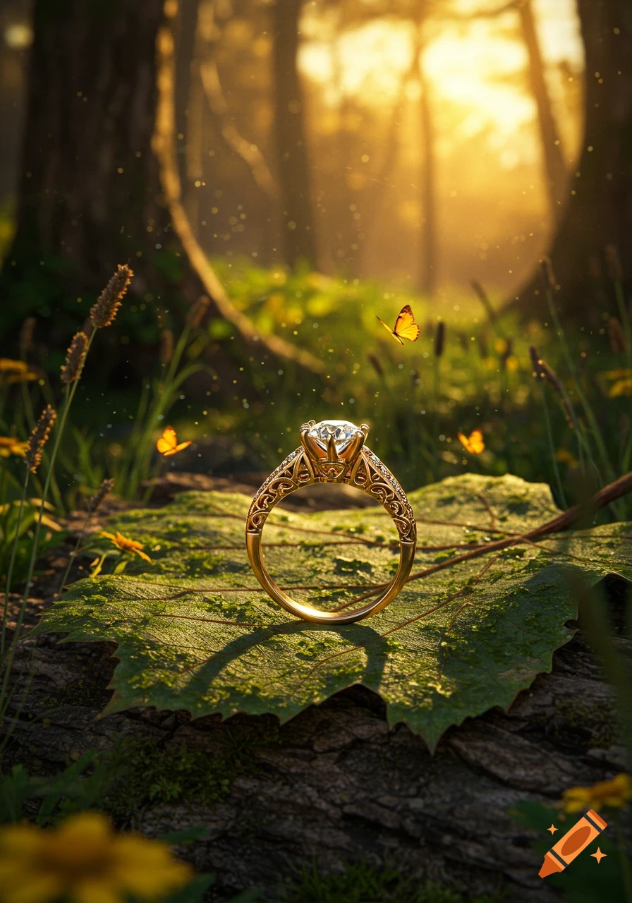 A detailed gold engagement ring with a diamond rests on a mossy leaf in a sun-dappled forest with butterflies.