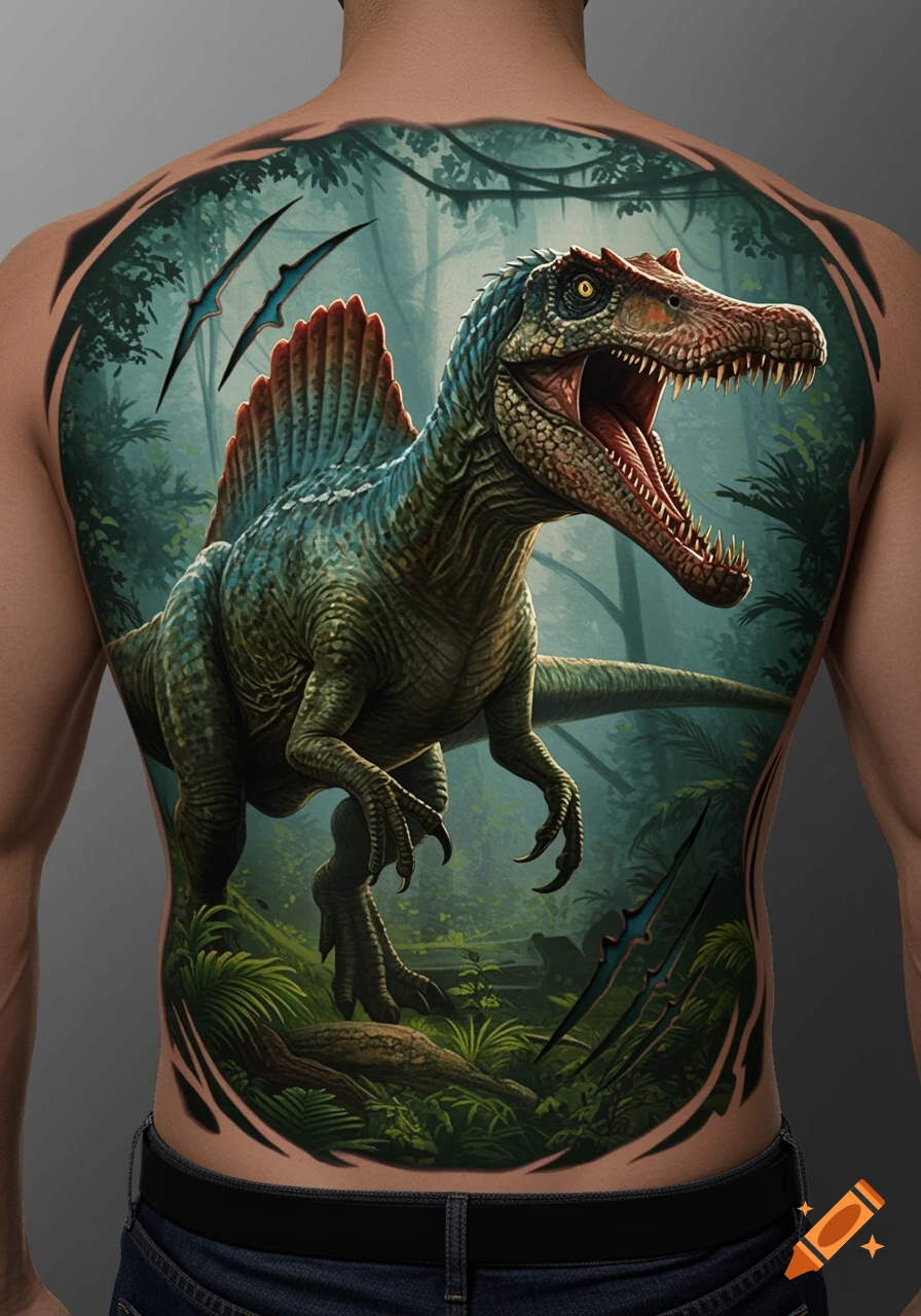 Detailed tattoo of a Spinosaurus in a lush jungle setting on a person's back.