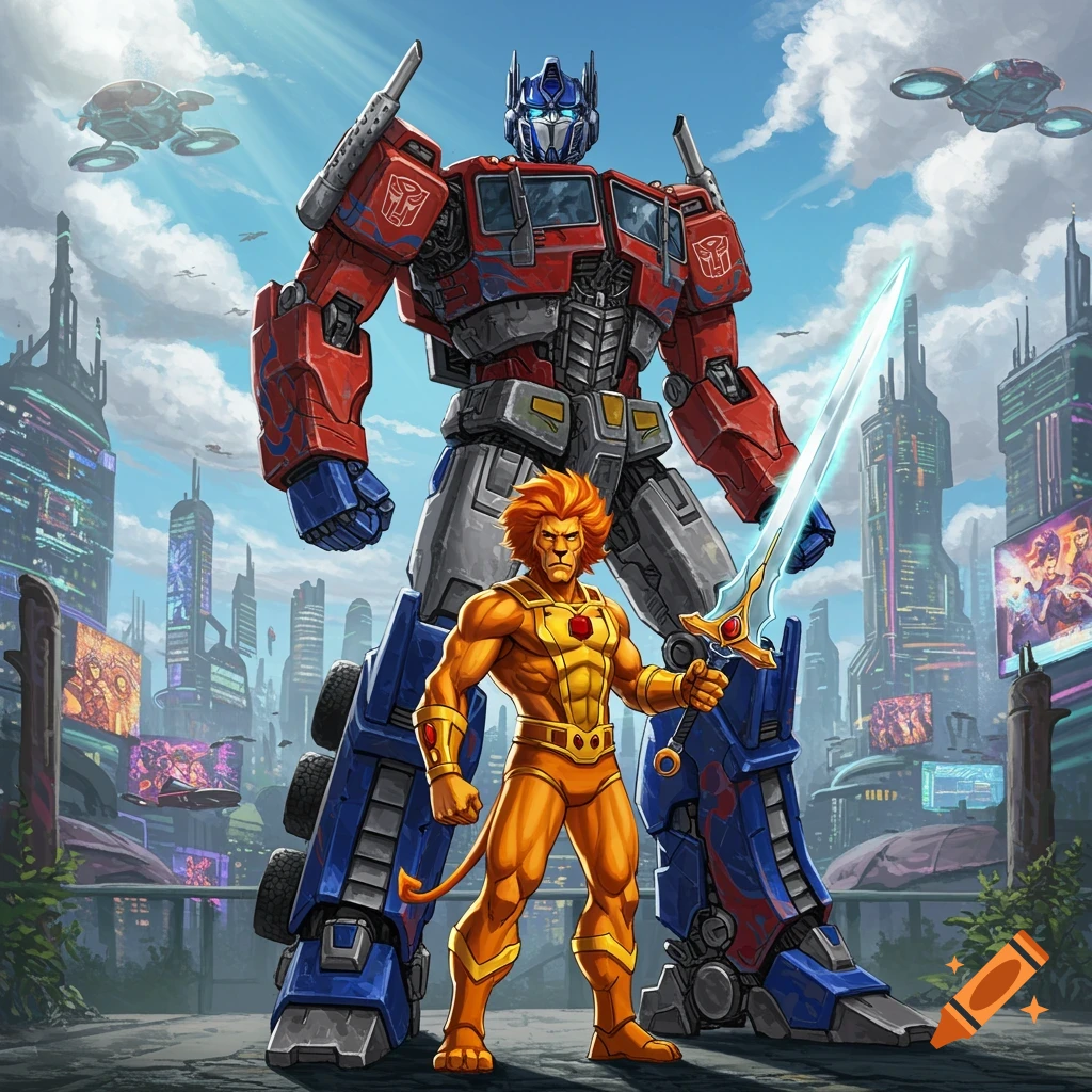 Optimus Prime and Lion-O stand side-by-side in a futuristic city, with Optimus Prime towering over Lion-O who holds a glowing sword.