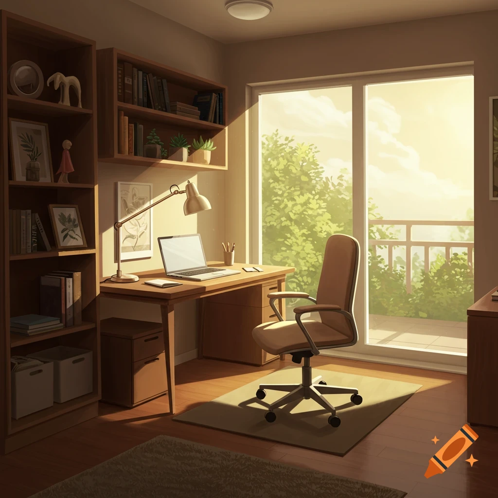 A sunlit home office with a wooden desk, an ergonomic chair, and bookshelves. A laptop is open on the desk, and a large window overlooks a lush green outdoor area.