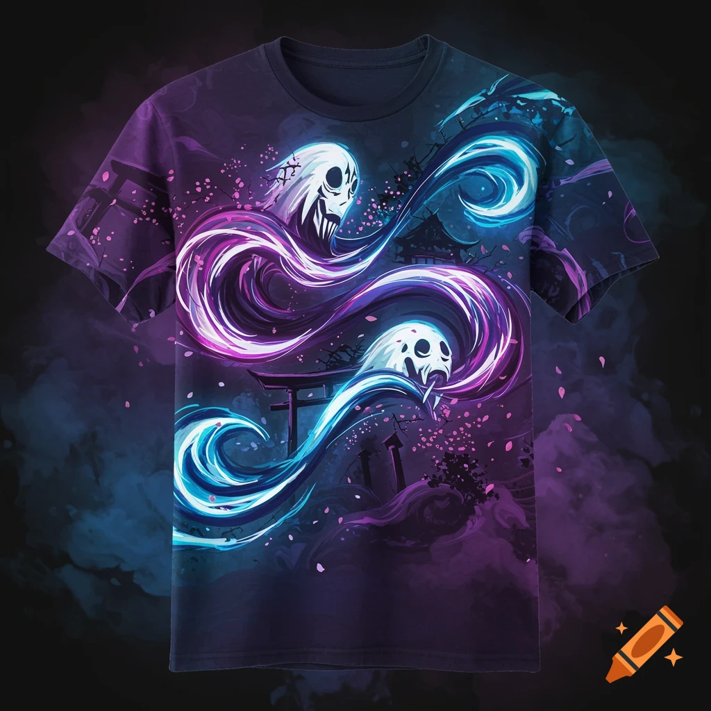 Dark t-shirt with a vibrant purple and blue anime-style design of two skull-faced ghosts and swirling energy.