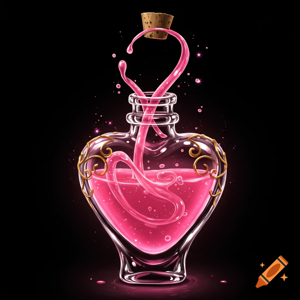 Pink potion in a heart-shaped glass bottle, with liquid spilling out and a cork flying, against a black background.