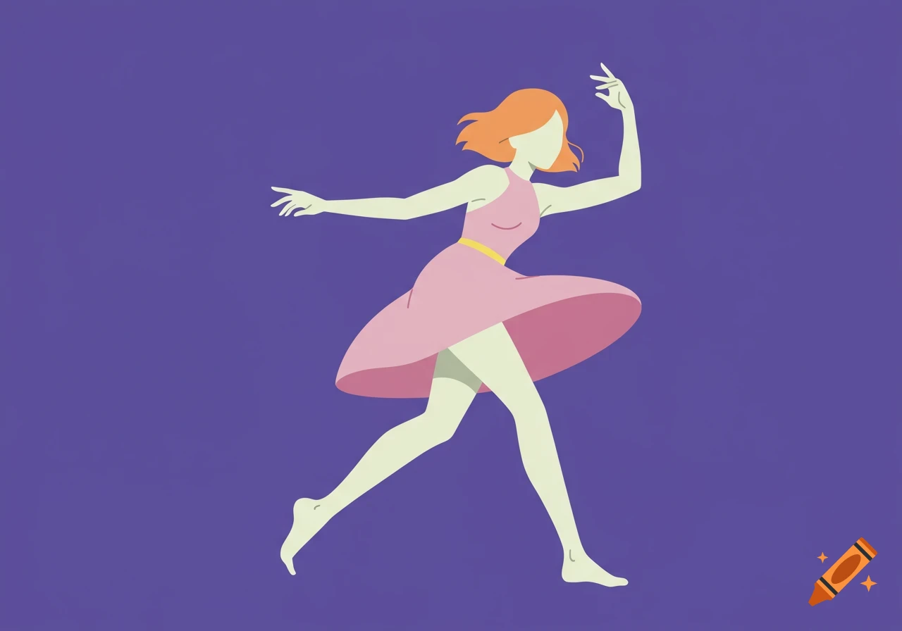 A minimalist vector illustration of a woman in a pink dress with orange hair, striking a pose on a purple background.