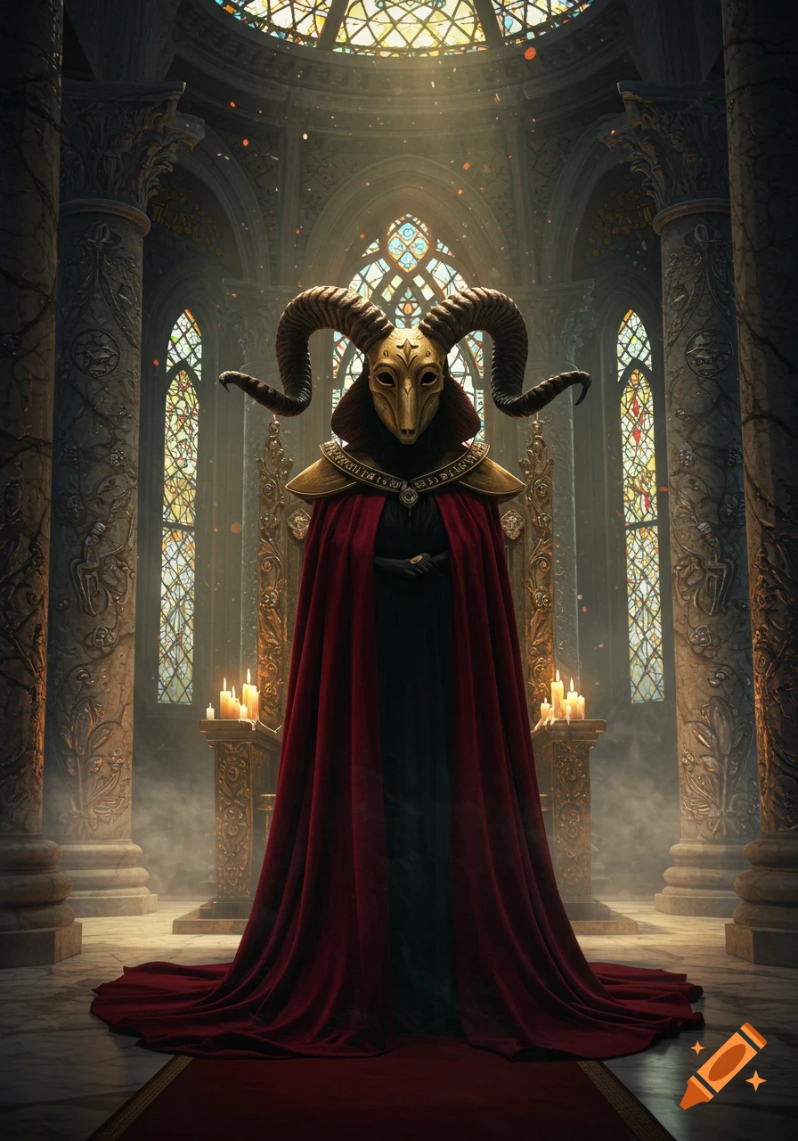 A mysterious figure wearing a golden ram-horned mask and a red cloak stands in a grand, ornate cathedral with stained glass windows.