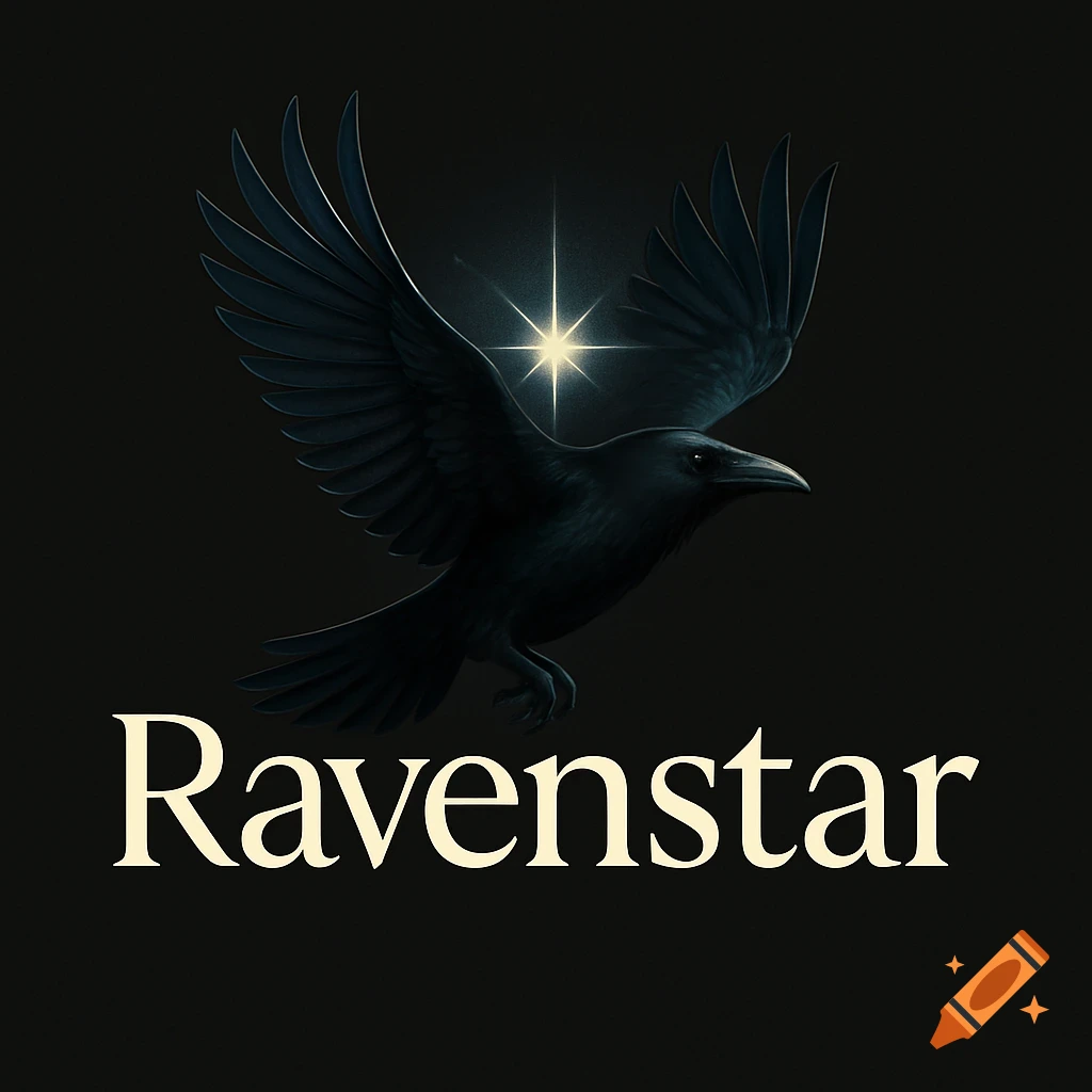 A stylized black raven with outstretched wings and a shining star behind it, with the word Ravenstar below.