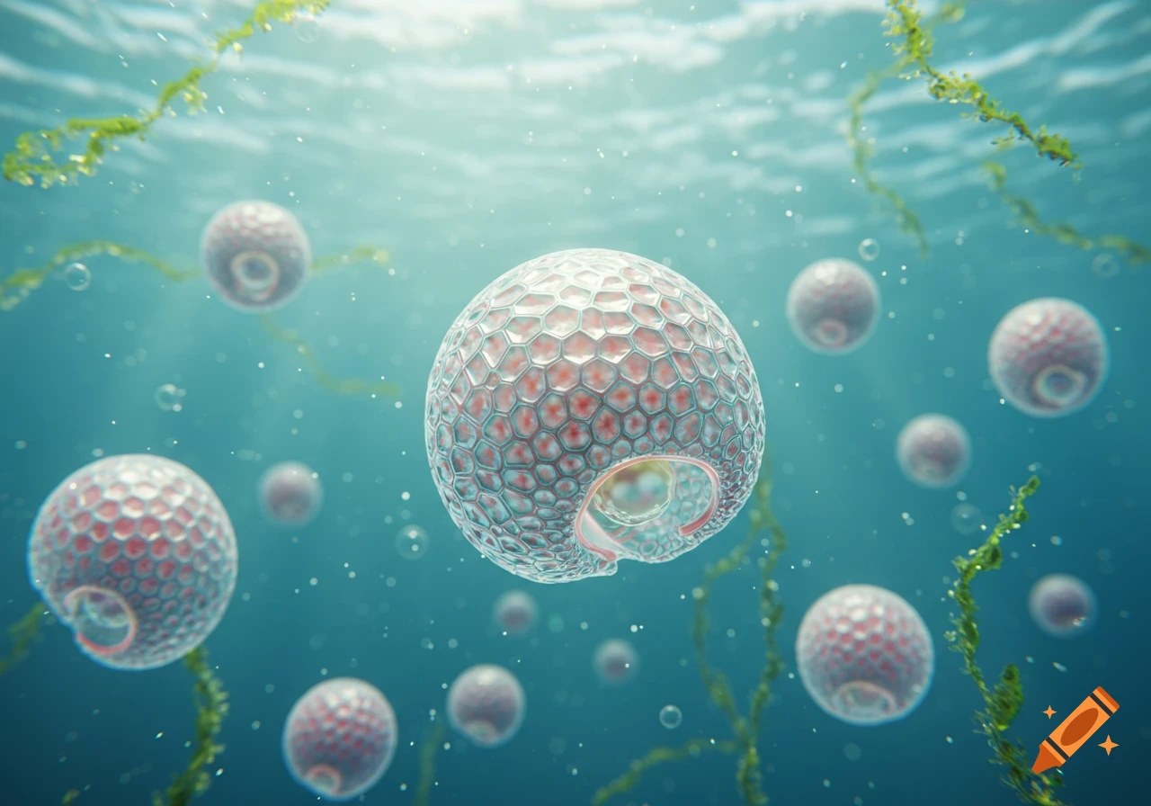 Photorealistic image of spherical foraminifera organisms floating in clear blue-green water with green algae and bubbles.
