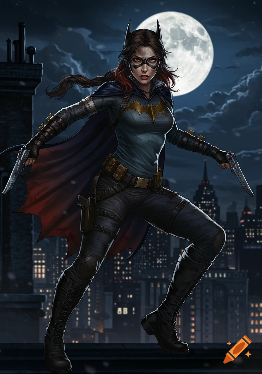 A stylized digital painting of Batgirl on a rooftop at night, holding two pistols, with a full moon and city skyline in the background.