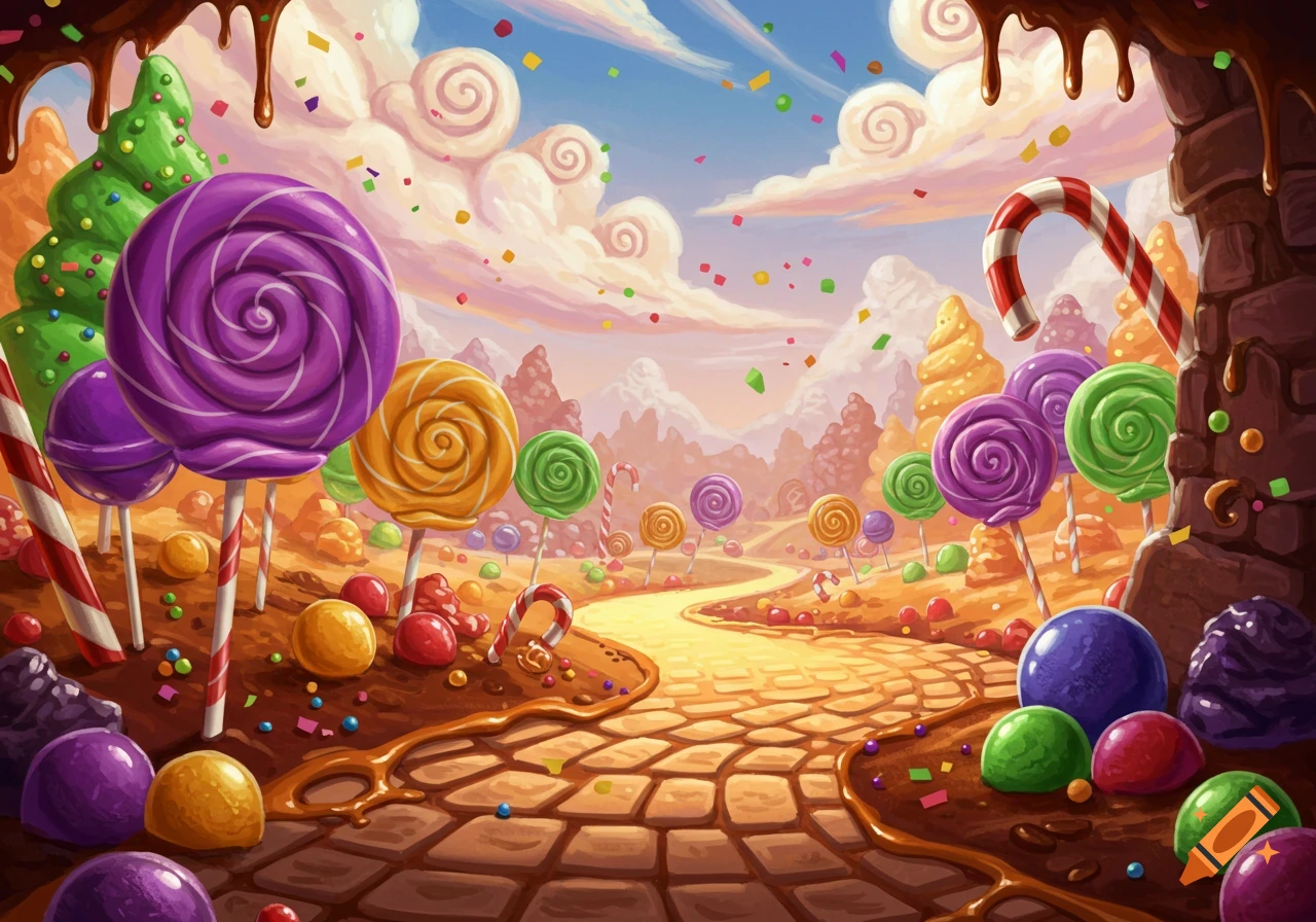 A vibrant, whimsical cartoon candy land with a chocolate path, colorful lollipops, candy canes, and sweets under a sky with swirling clouds.