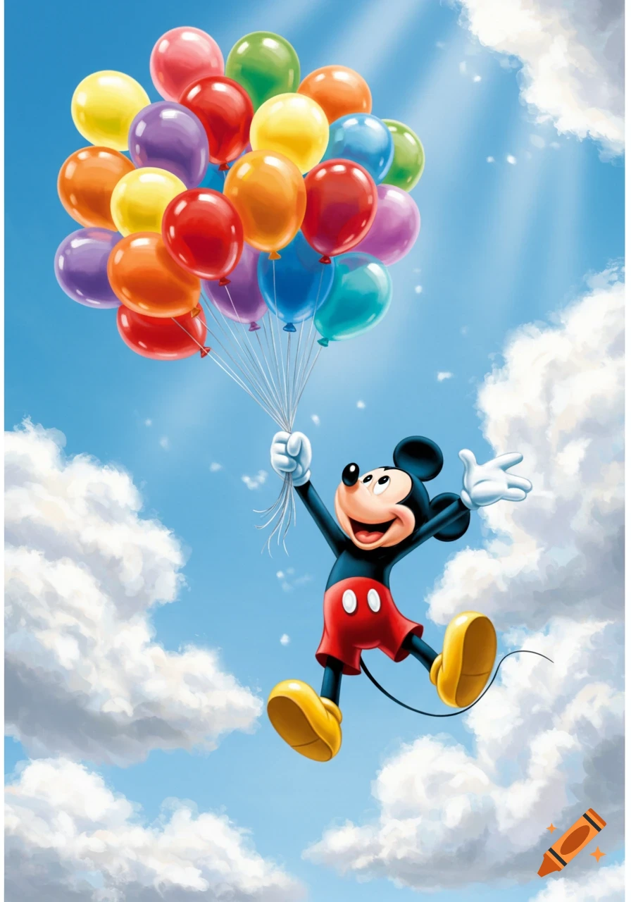 Mickey Mouse flies through a blue sky with white clouds, holding a large bunch of colorful balloons.