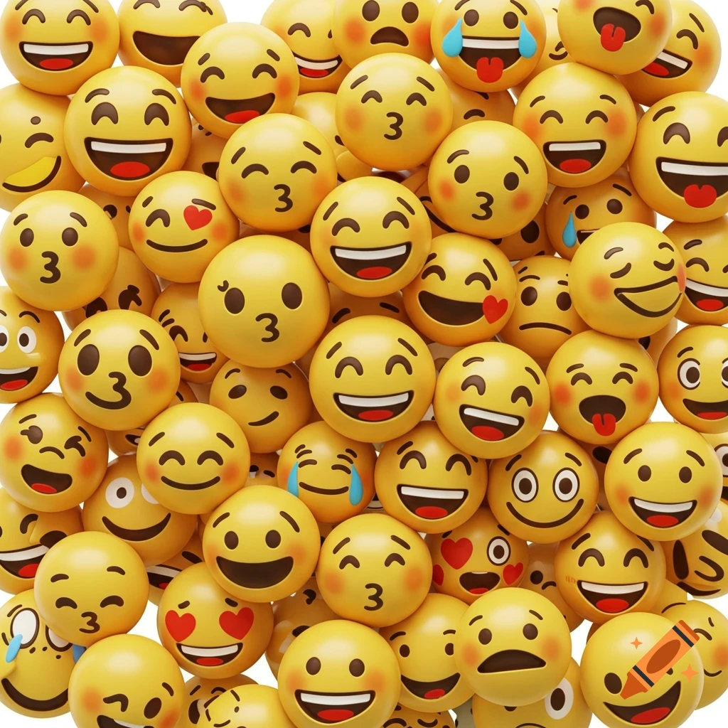 A vibrant, dense pile of various yellow emojis, including laughing, crying, kissing, and heart-eye faces, filling the frame.