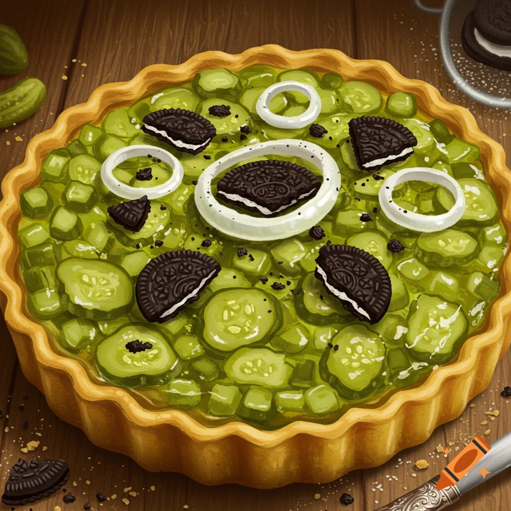 A vibrant illustration of a pickle relish pie, topped with white onion rings and crushed Oreo cookies, on a wooden table.