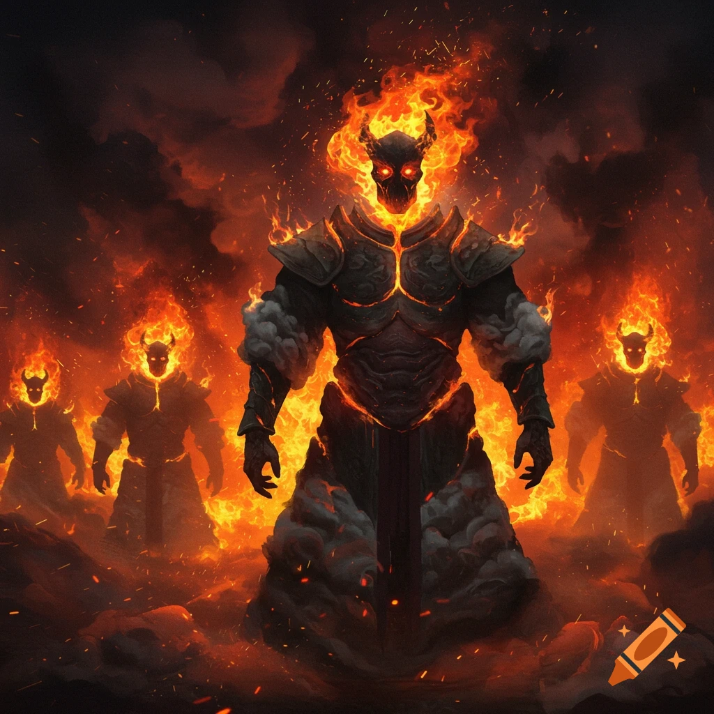Fiery demonic figures in armor with horns and glowing eyes stand amidst smoke and flames.