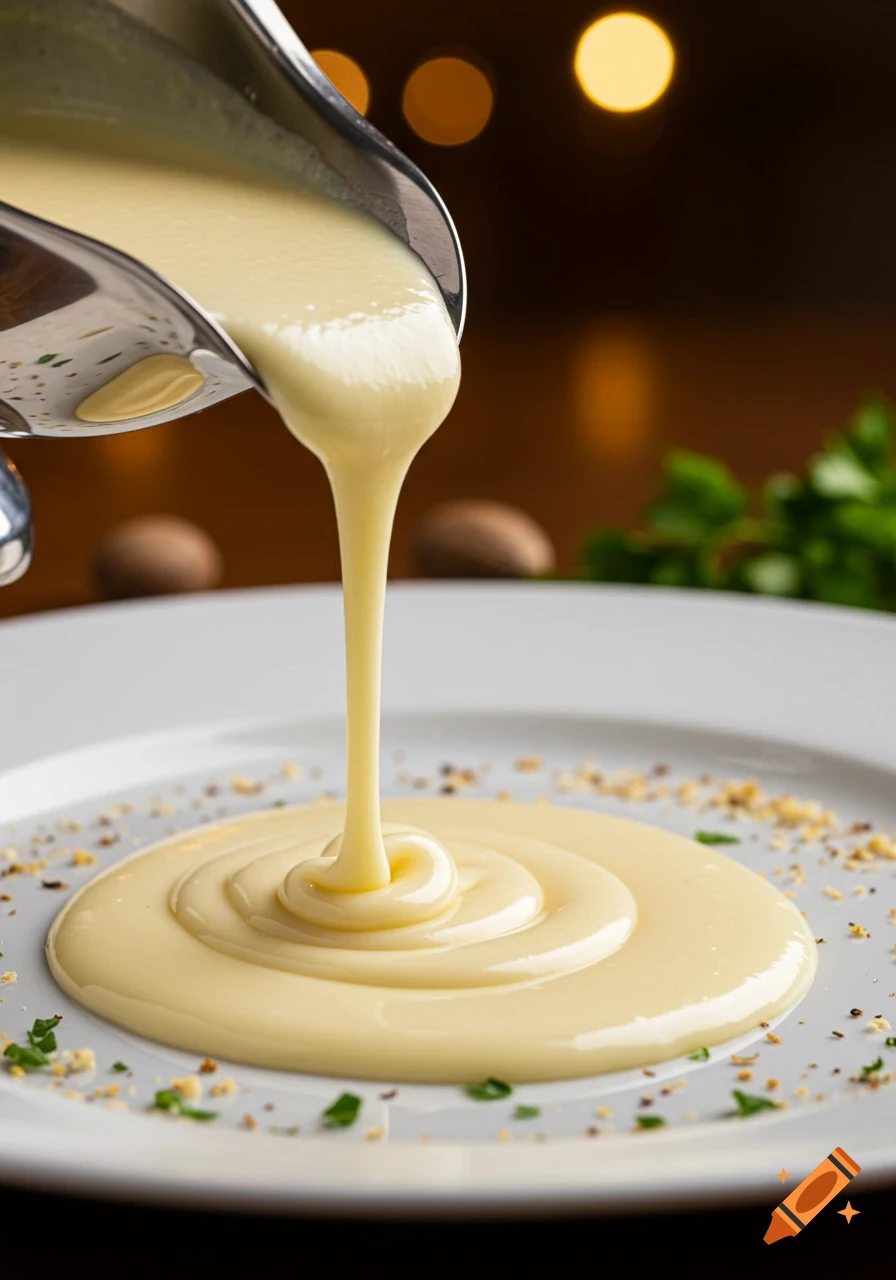 Creamy, light-yellow bechamel sauce pouring from a metal gravy boat onto a white plate, with specks of seasoning.