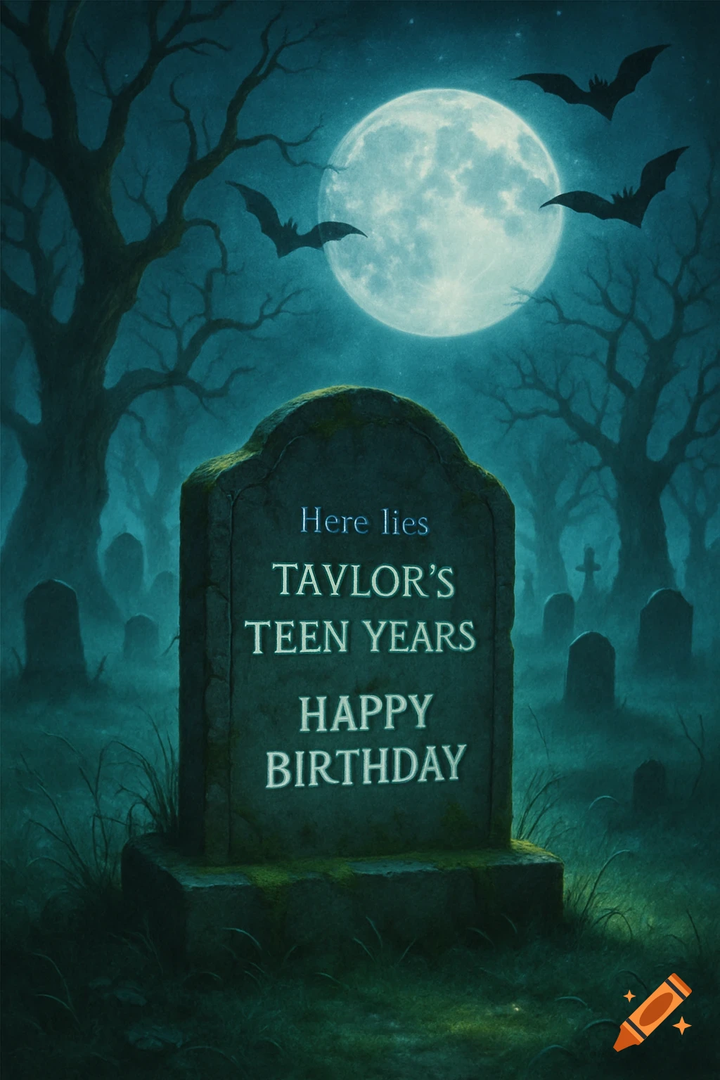A spooky graveyard at night with a large full moon, twisted trees, and bats flying. A tombstone in the foreground reads 'Here lies Taylor's teen years. HAPPY BIRTHDAY.'