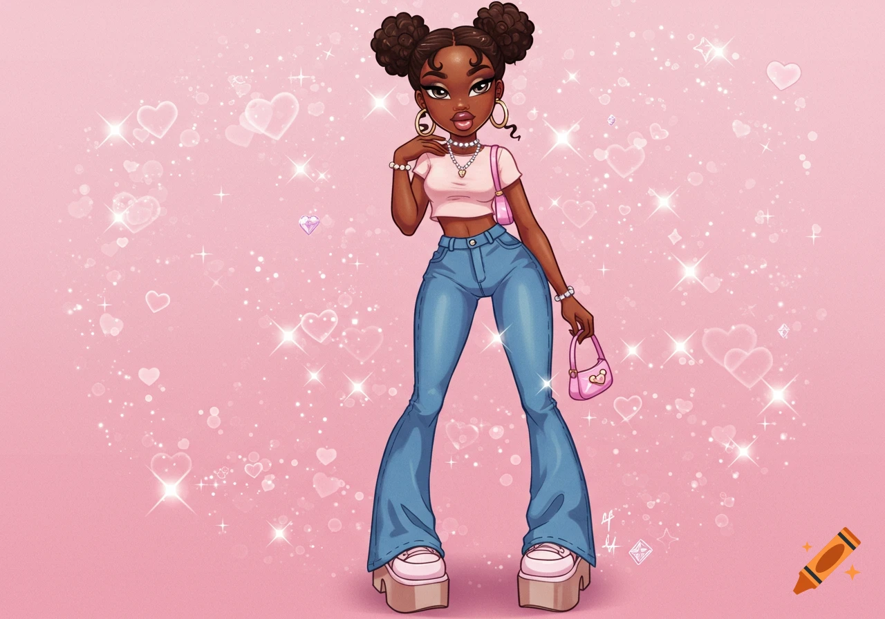 A stylized Black woman in a pink crop top, flared jeans, and platform shoes, with space buns, standing against a pink sparkly background.