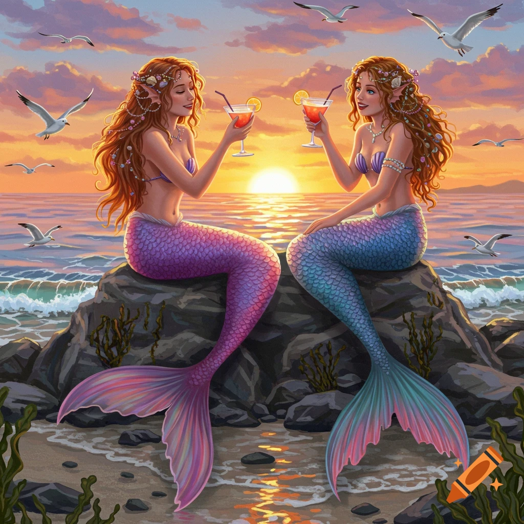Two mermaids with colorful tails sit on rocks by a vibrant sunset ocean, drinking cocktails, in a fantasy illustration.