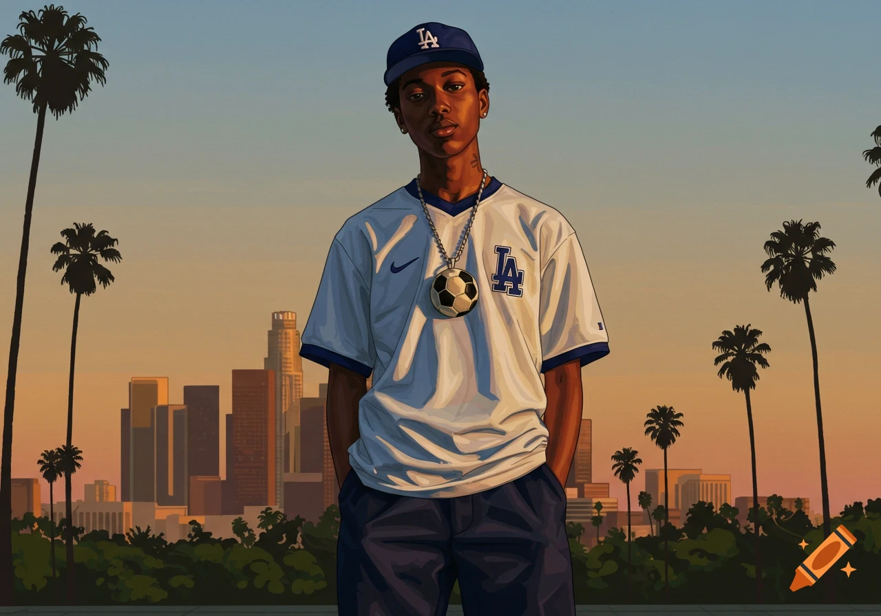 Stylized illustration of a young person in an LA cap and jersey with a soccer ball necklace, in front of a city skyline.