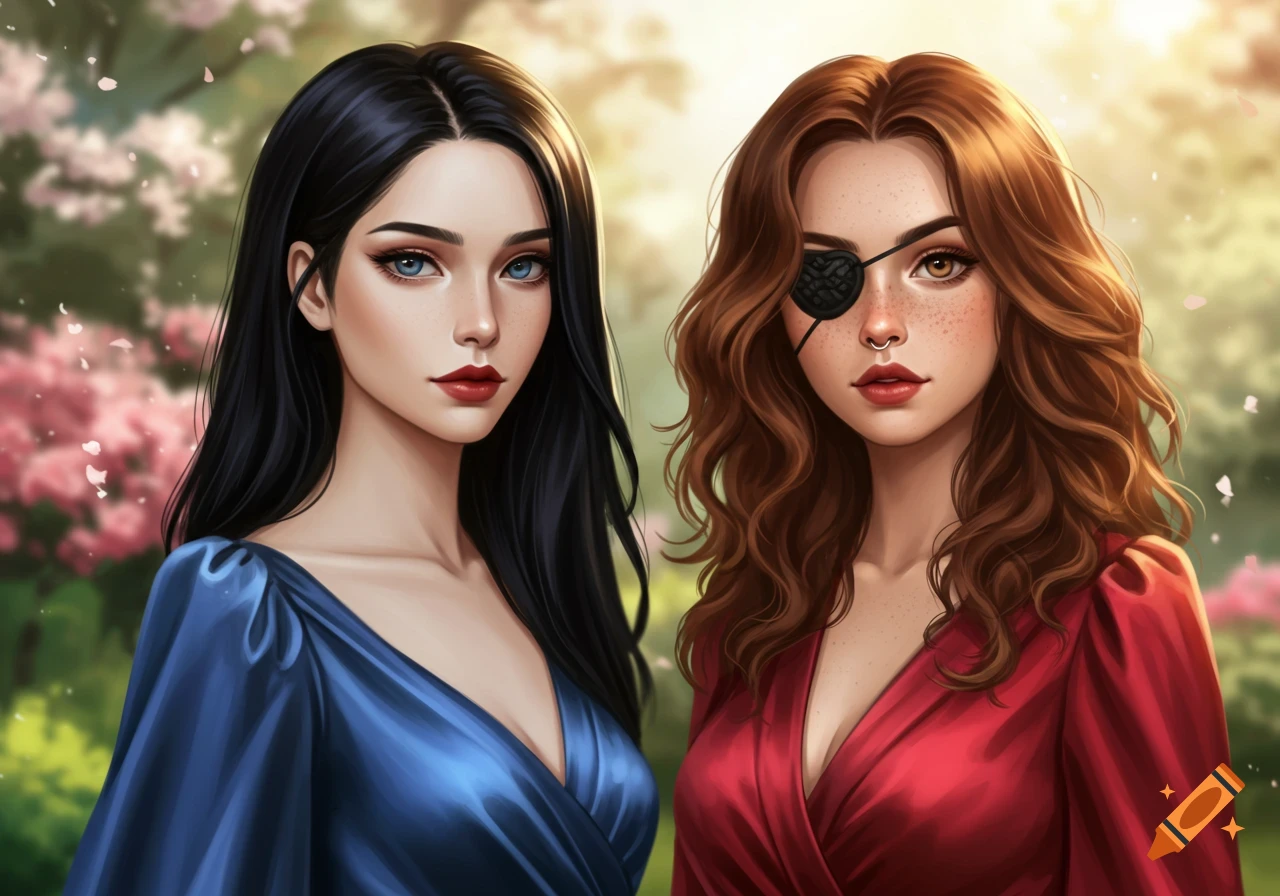 A digital illustration of two women: one with black hair in a blue dress, the other with brown hair, freckles, and an eye patch in a red dress, set in a blooming garden.