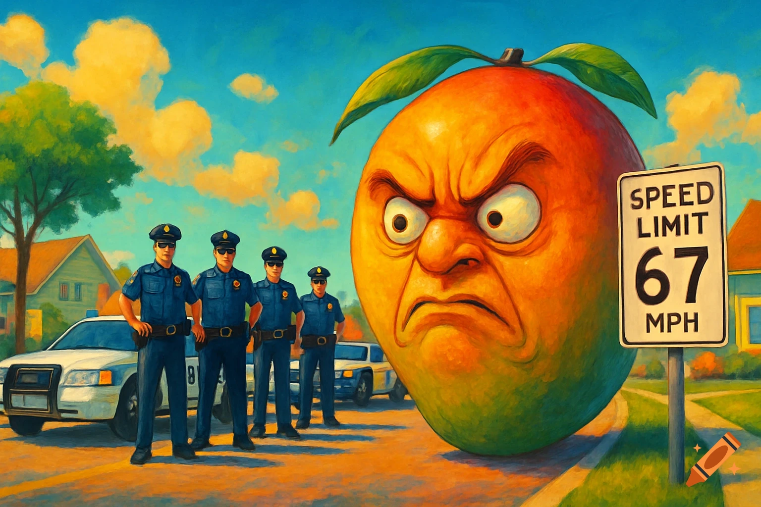 A giant, angry mango stands on a suburban street next to a speed limit sign reading '67 MPH'. Four police officers and their patrol cars are behind it, under a bright sky.