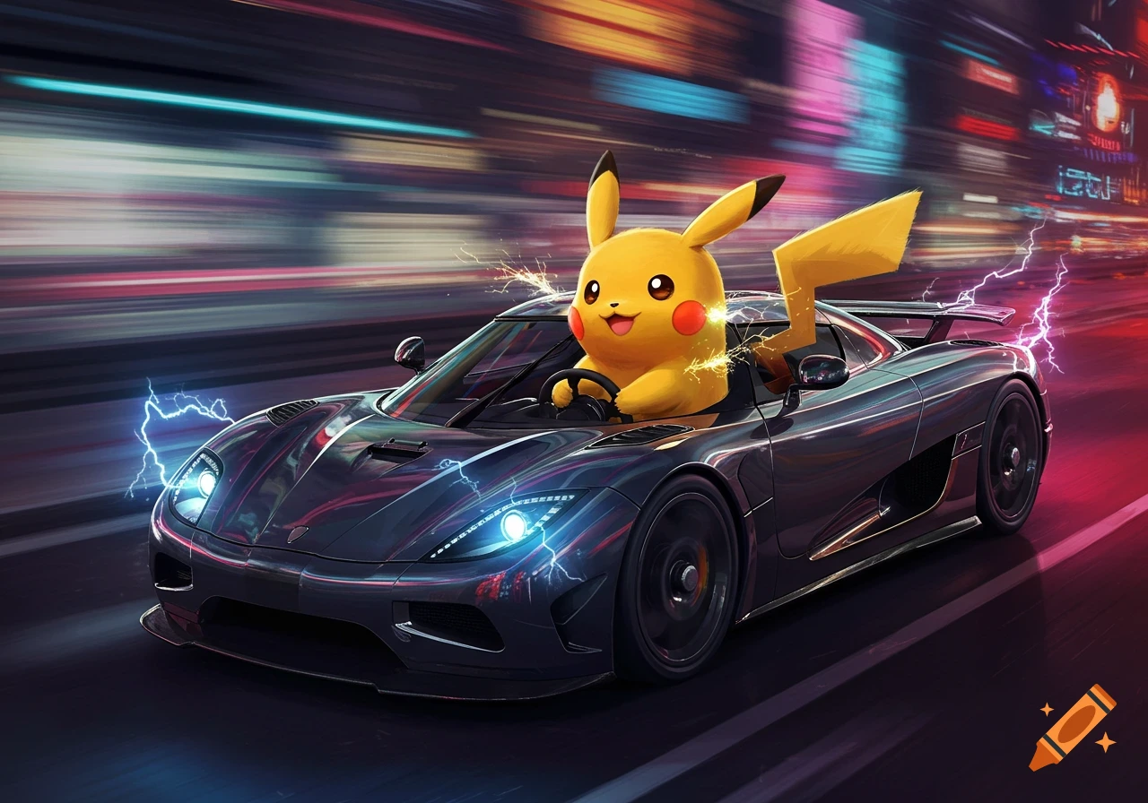 Pikachu driving a black Koenigsegg sports car down a neon-lit city street at night, with lightning effects.