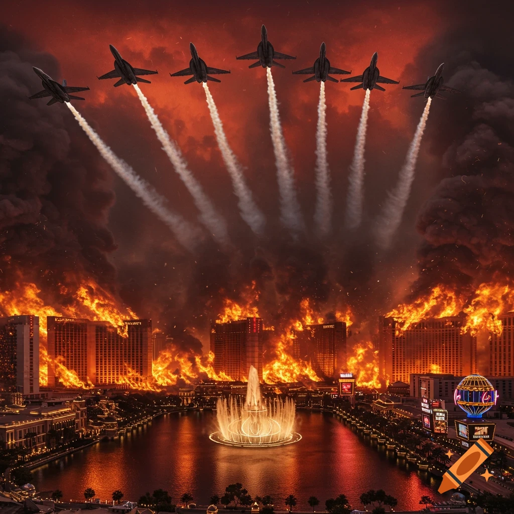 Photorealistic image of Las Vegas ablaze with several F18 fighter jets flying overhead, leaving smoke trails.