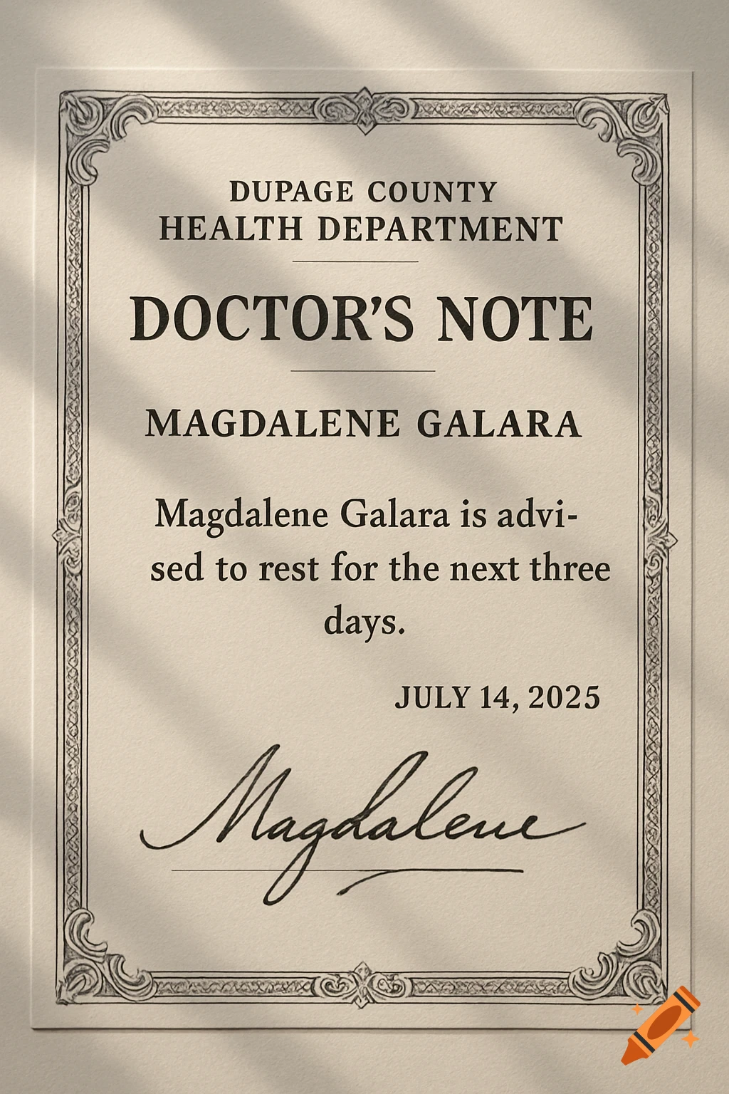 A doctor's note from DuPage County Health Department for Magdalene Galara, dated July 14, 2025, advising rest.