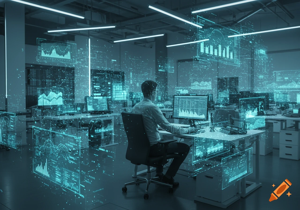 A person sits at a desk in a futuristic office, surrounded by glowing blue holographic data displays and computer screens.