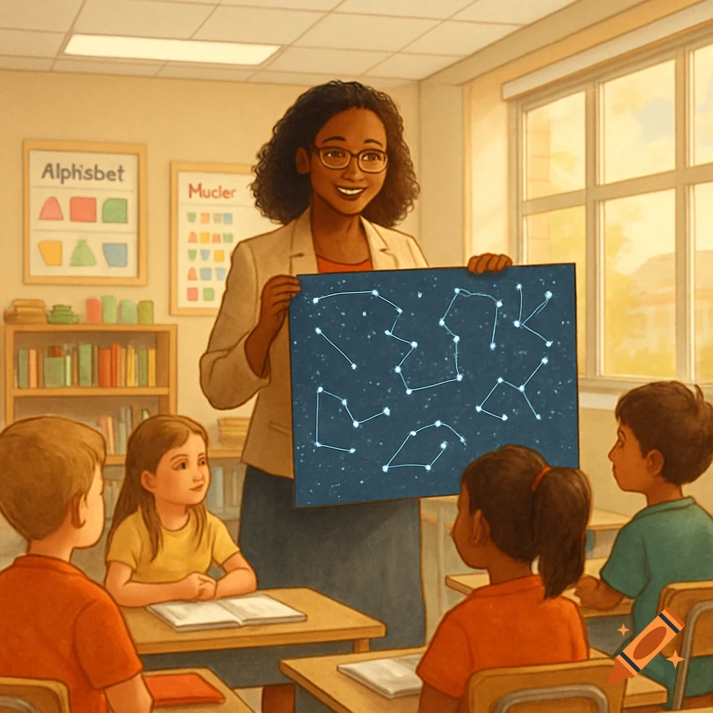 A female teacher in a classroom presents a star chart to a group of young students, in an illustrated style.
