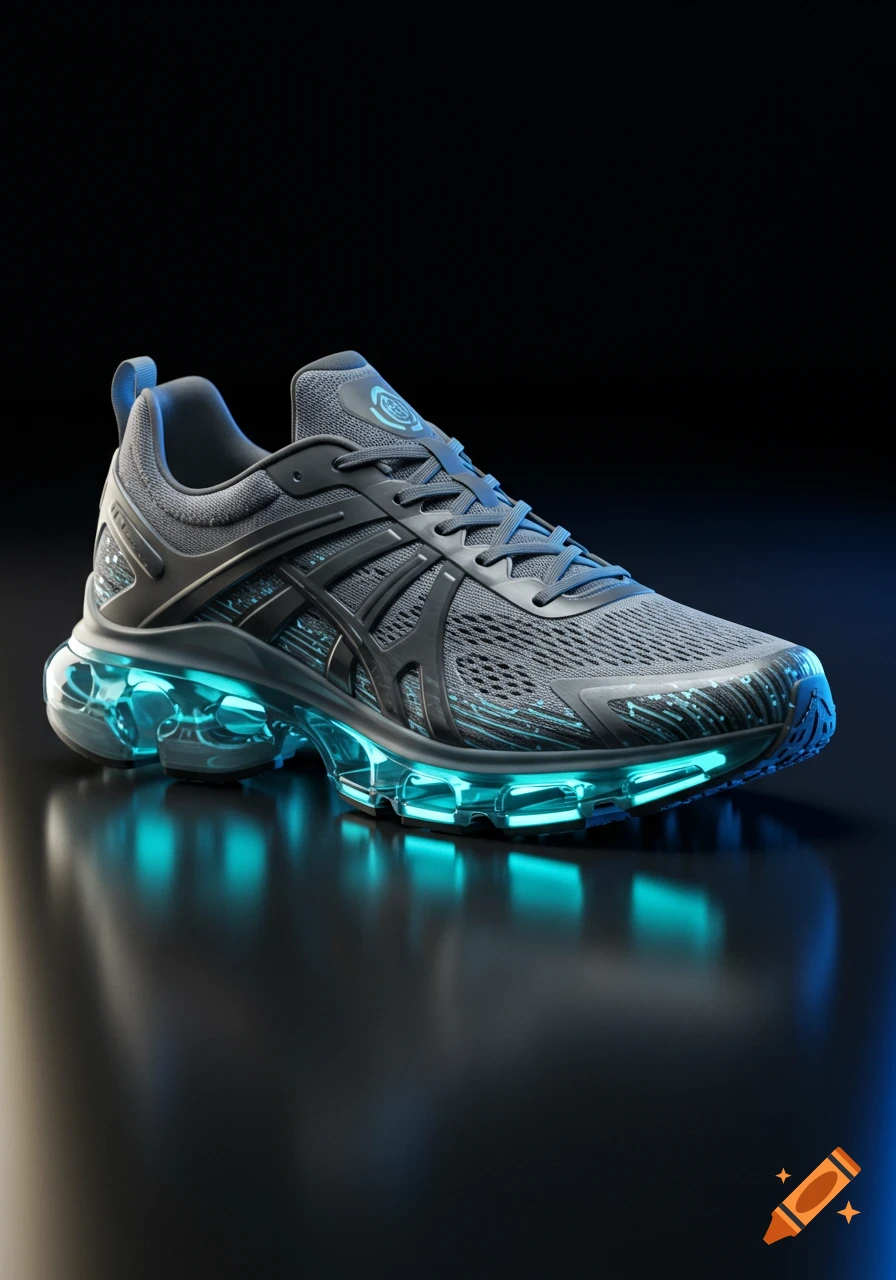 A futuristic grey running shoe with glowing teal soles and tech-inspired details on a dark background.