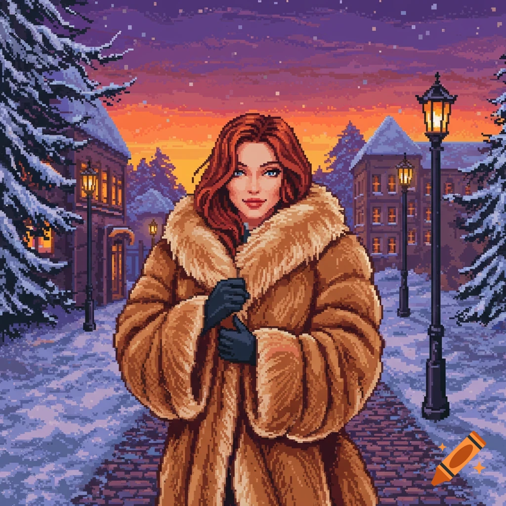 A woman in a brown fur coat stands on a snowy pixel art street with lampposts and buildings under a sunset sky.