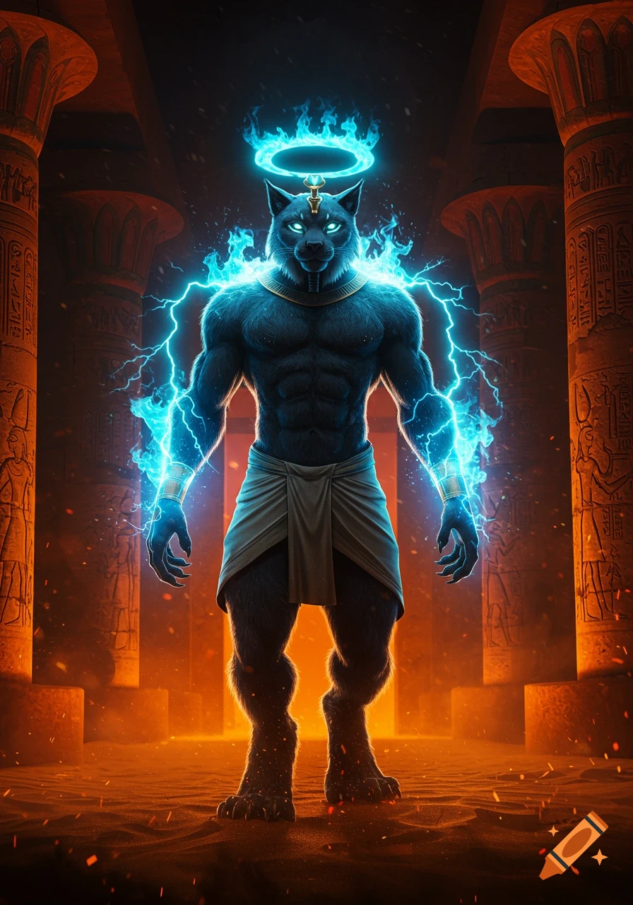 A powerful, muscular black cat-like humanoid glowing with blue energy, standing in an ancient Egyptian temple.