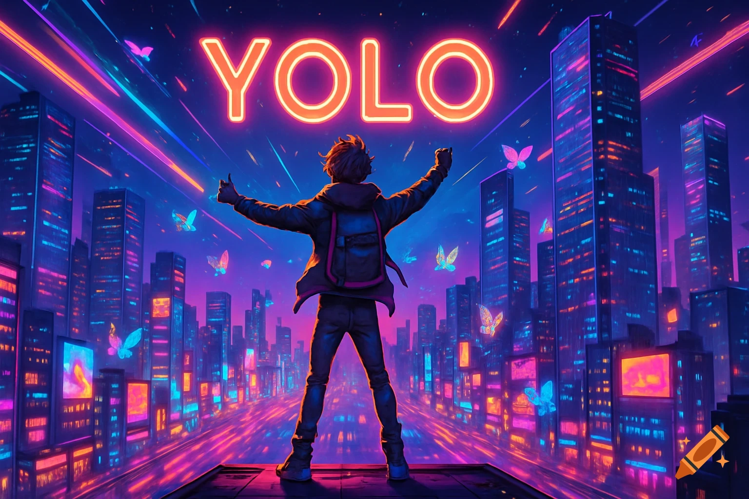 A person with arms raised stands before a glowing neon cityscape under the large orange text 'YOLO' in a synthwave style.