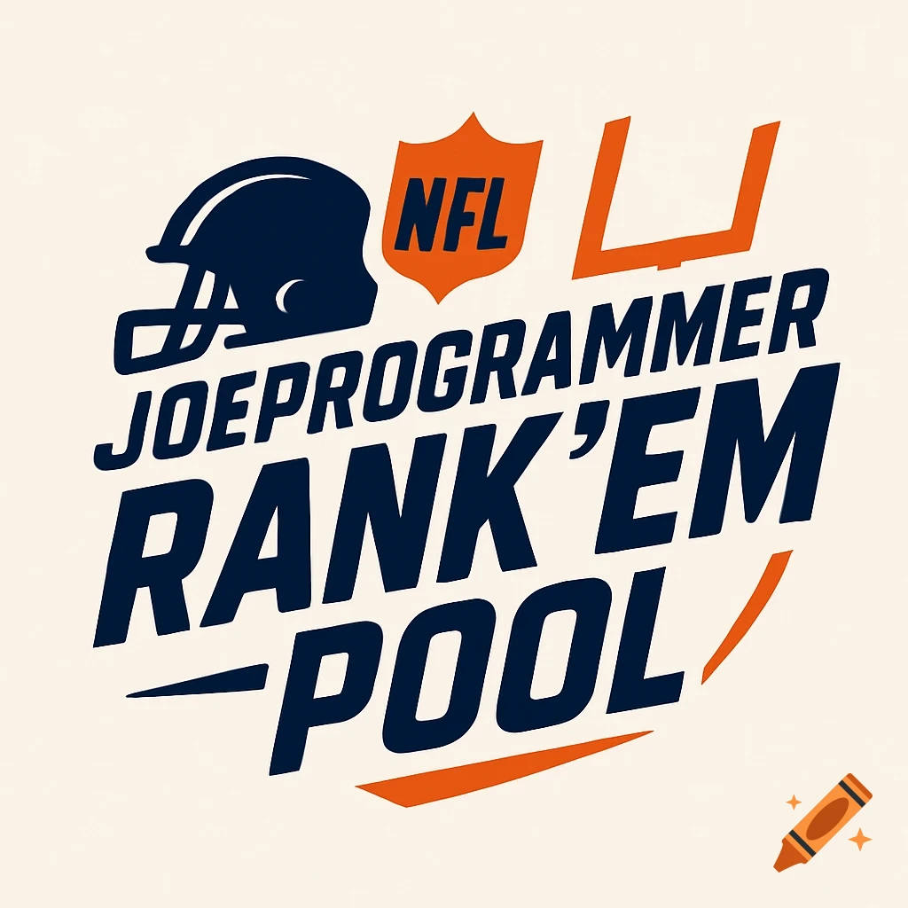 A blue and orange NFL confidence pool logo with a football helmet, goalposts, and text 'JOEPROGRAMMER RANK 'EM POOL'.