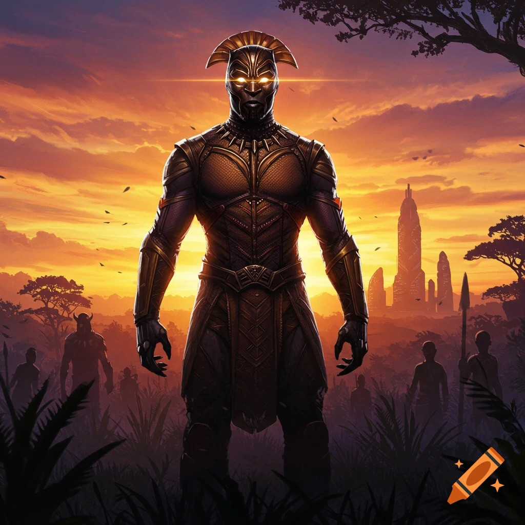 Armored warrior with glowing eyes stands in a savanna at sunset with futuristic city in background.