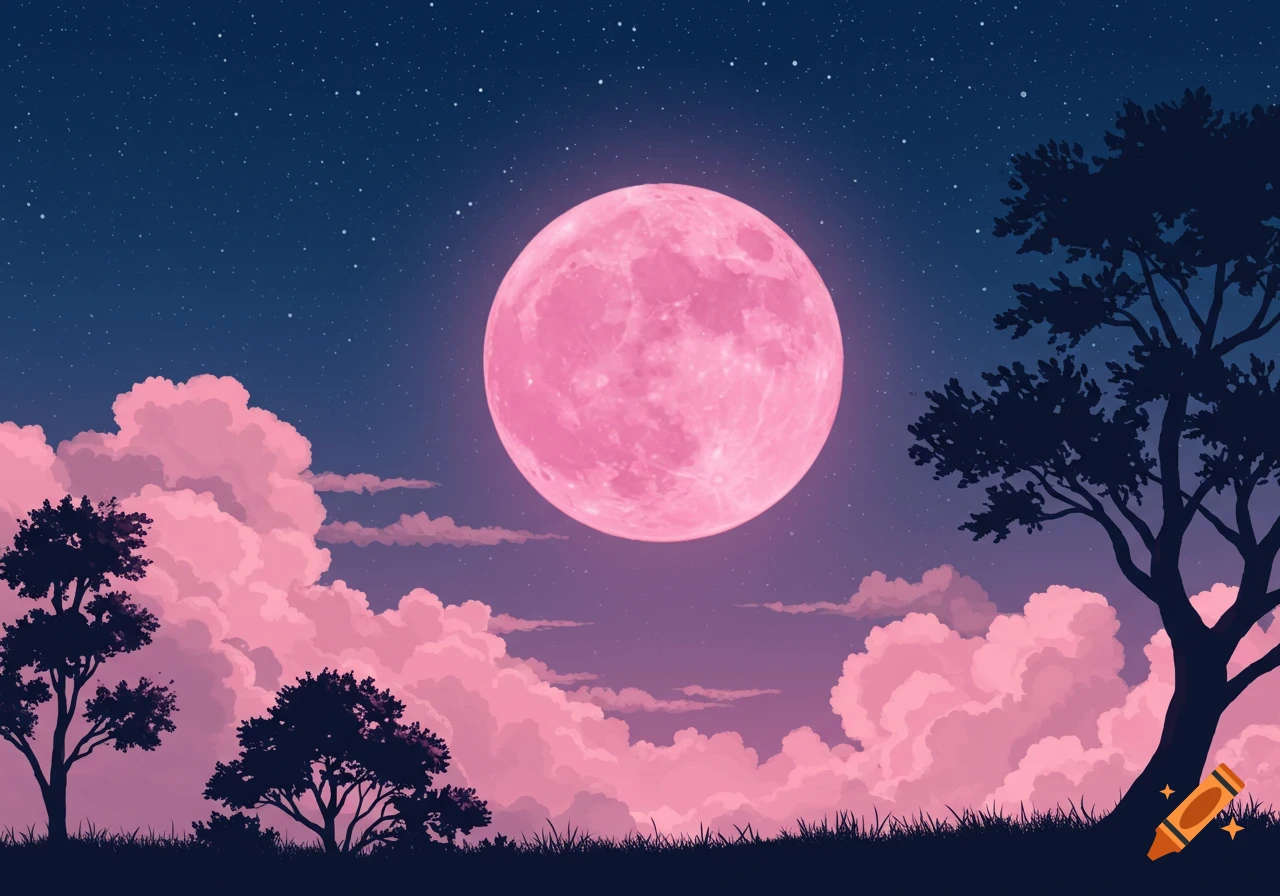 A vibrant pink full moon glows over a dark landscape with silhouetted trees and fluffy pink clouds against a starry night sky.