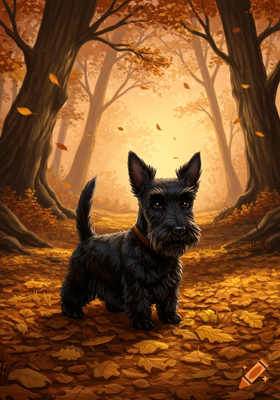 A black Scottish terrier stands among fallen autumn leaves in a sunlit forest, illustrated in a painterly style.