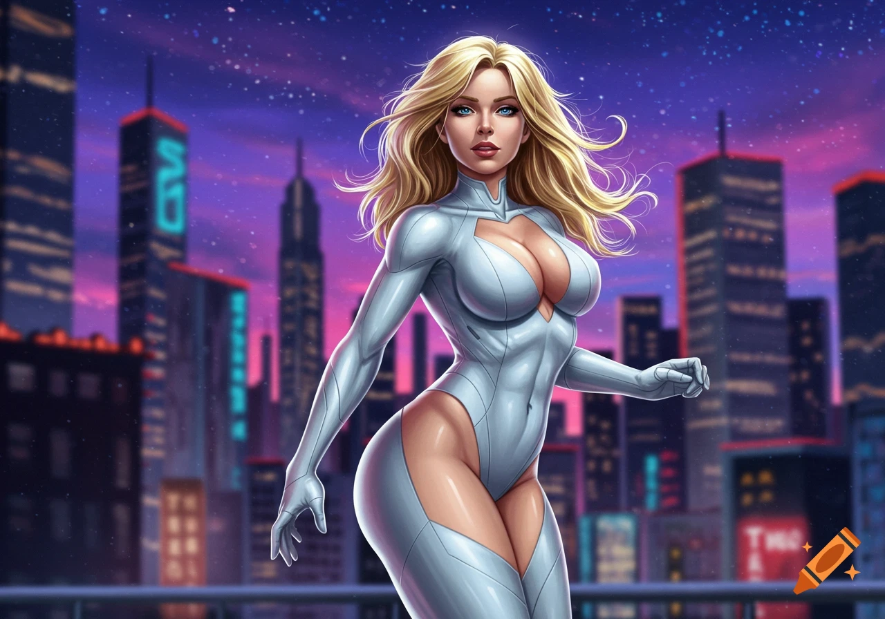 A blonde, blue-eyed superheroine in a tight white one-piece suit stands on a rooftop with a neon-lit futuristic city skyline at night behind her, in a comic book art style.