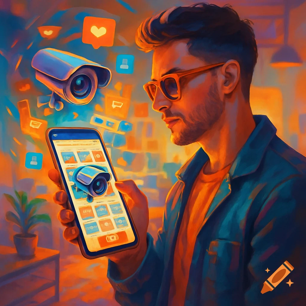 A man with glasses looks intently at a smartphone in his hands, displaying a CCTV camera app. Social media icons and a floating camera surround him in a vibrant, painterly style.
