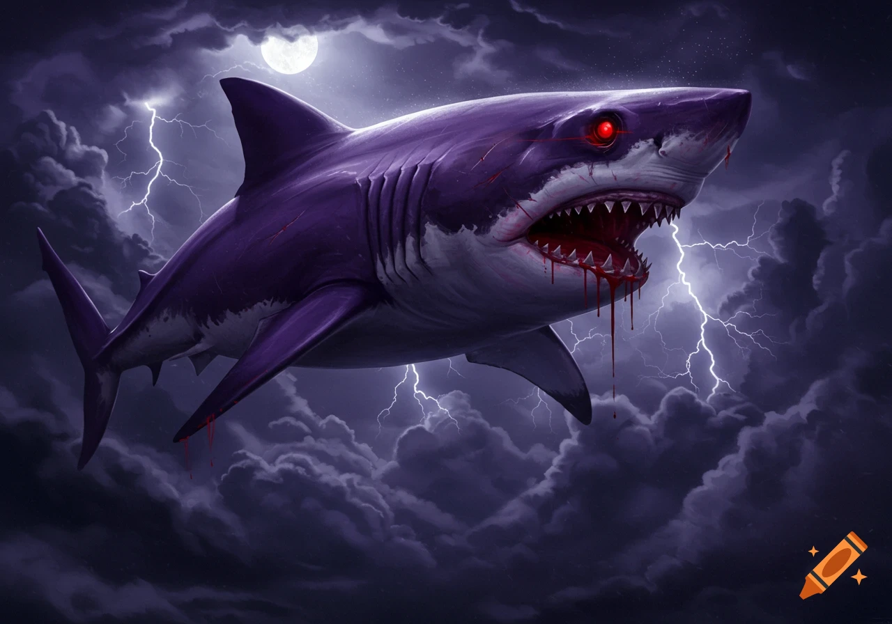 A scary purple flying shark with glowing red eyes and blood dripping from its mouth and fins, set against a dark, stormy sky with lightning and a full moon.
